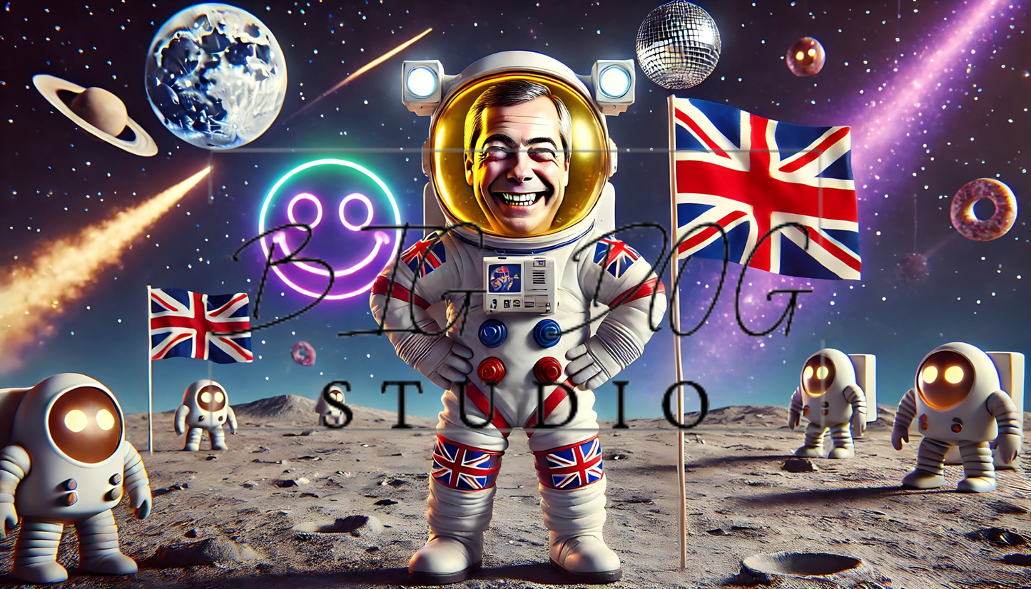 Ceramic Mug Featuring Artwork of Nigel Farage on the Moon #10 – 11oz Glossy Design