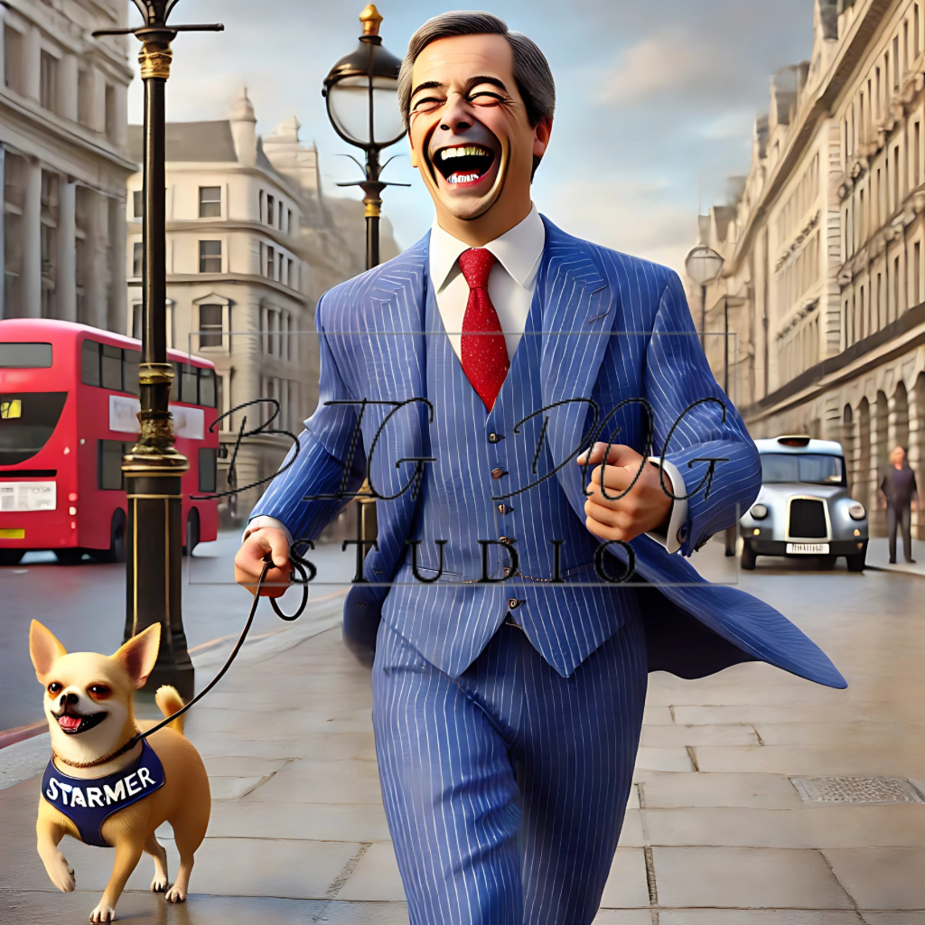 Ceramic Mug Featuring Artwork of Nigel Farage walking his dog #3 – 11oz Glossy Design