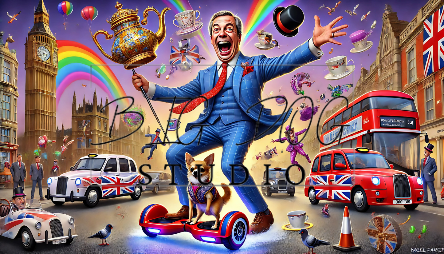 Ceramic Mug Featuring Artwork of Nigel Farage walking his dog #5 – 11oz Glossy Design