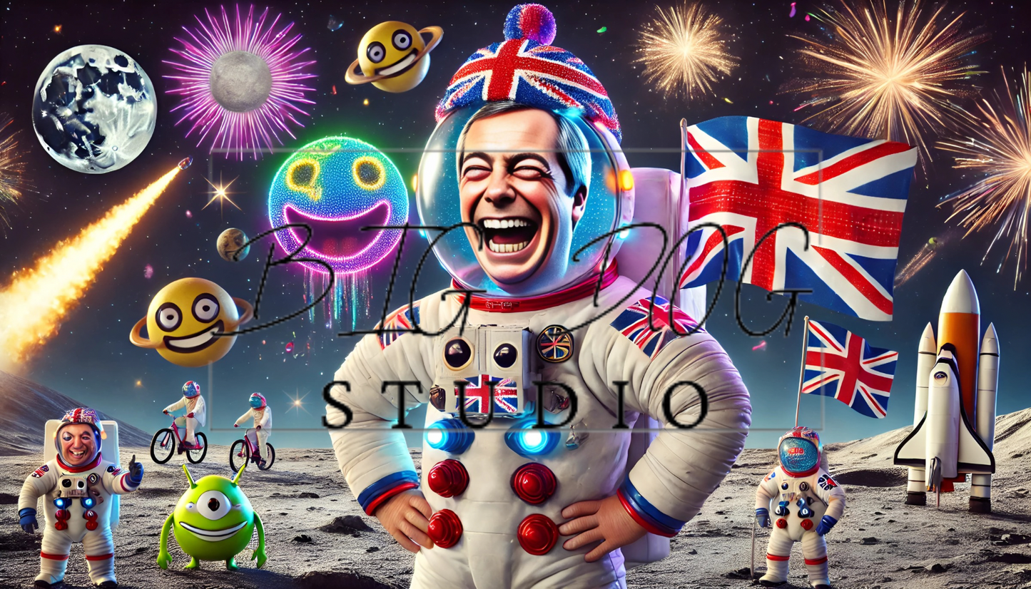 Ceramic Mug Featuring Artwork of Nigel Farage on the Moon #1 – 11oz Glossy Design