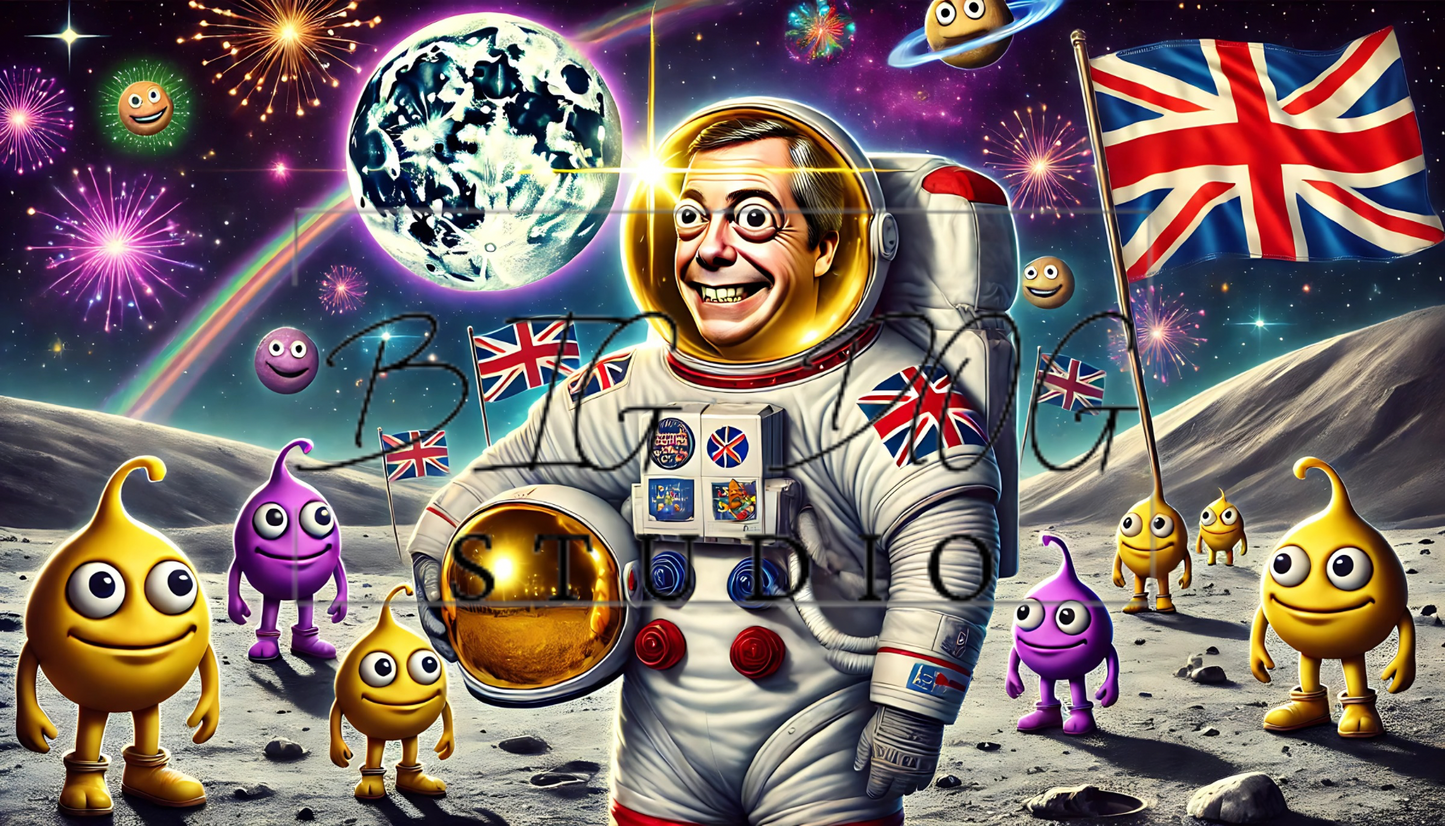 Ceramic Mug Featuring Artwork of Nigel Farage on the Moon #4 – 11oz Glossy Design