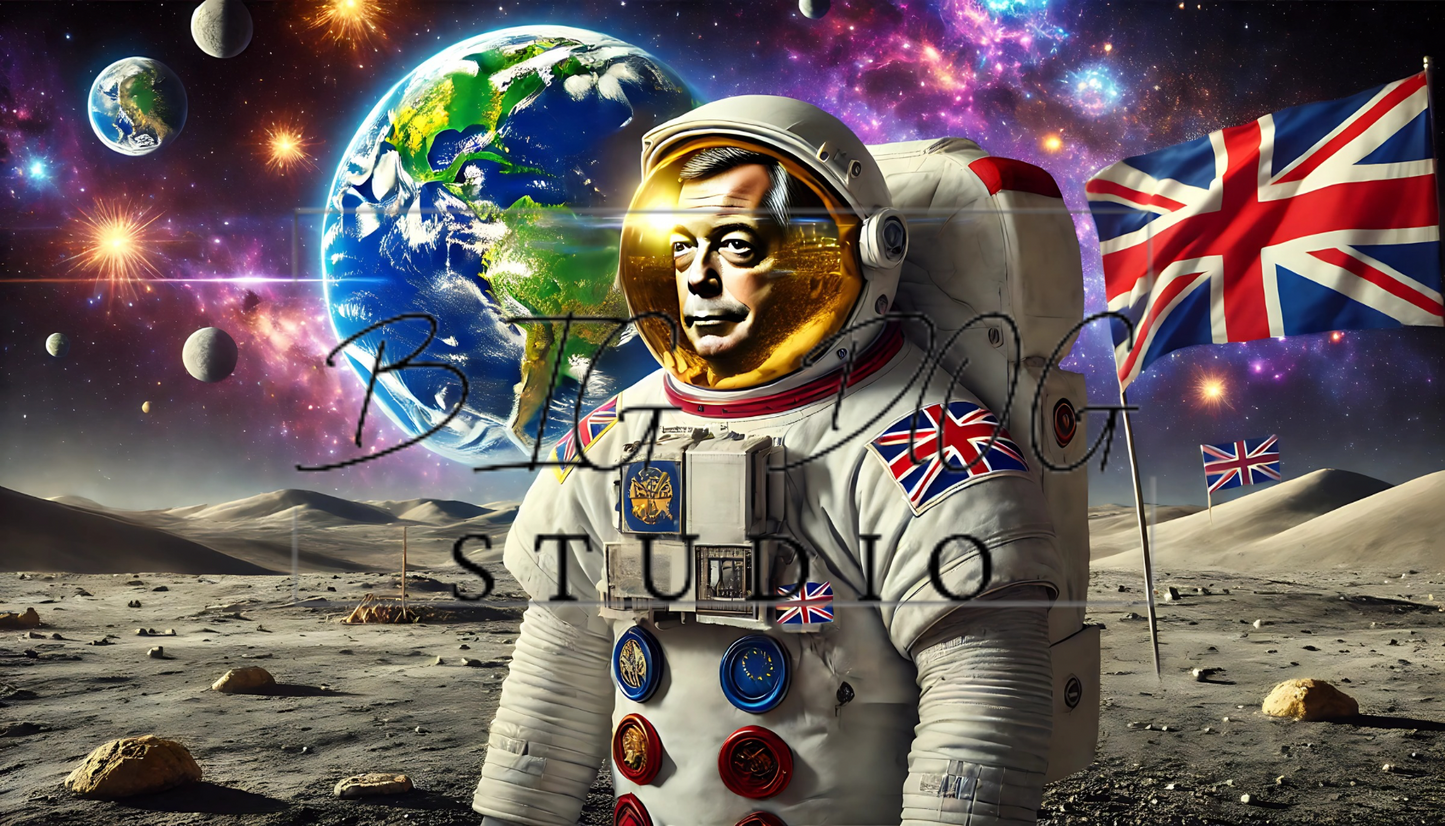 Ceramic Mug Featuring Artwork of Nigel Farage on the Moon #5 – 11oz Glossy Design