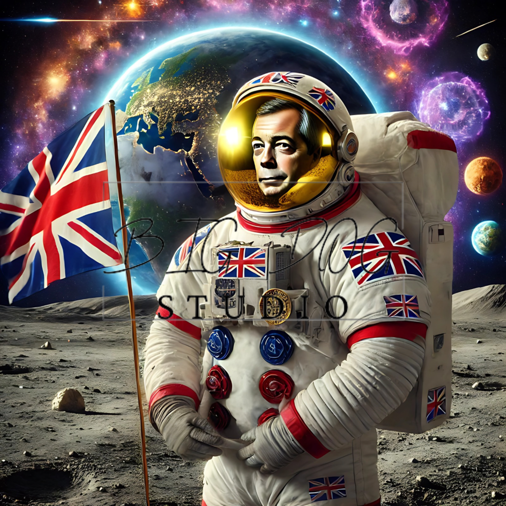 Ceramic Mug Featuring Artwork of Nigel Farage on the Moon #7 – 11oz Glossy Design