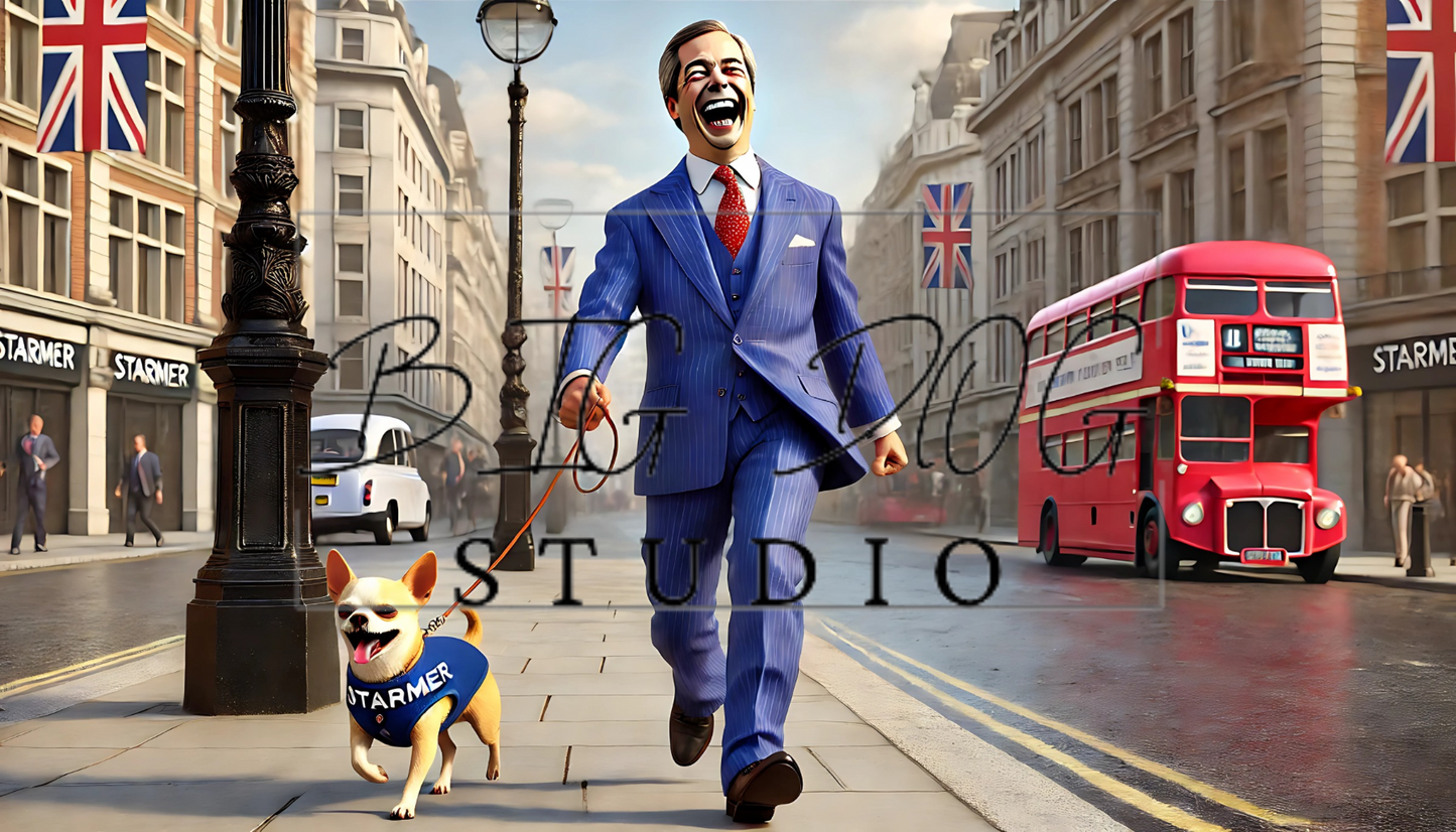 Ceramic Mug Featuring Artwork of Nigel Farage walking his dog #6  – 11oz Glossy Design